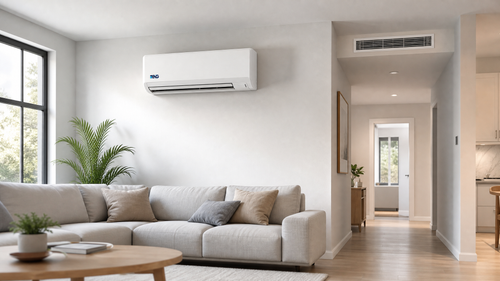 Living room with an NG wall-mounted mini split and a ducted ceiling vent in the hallway