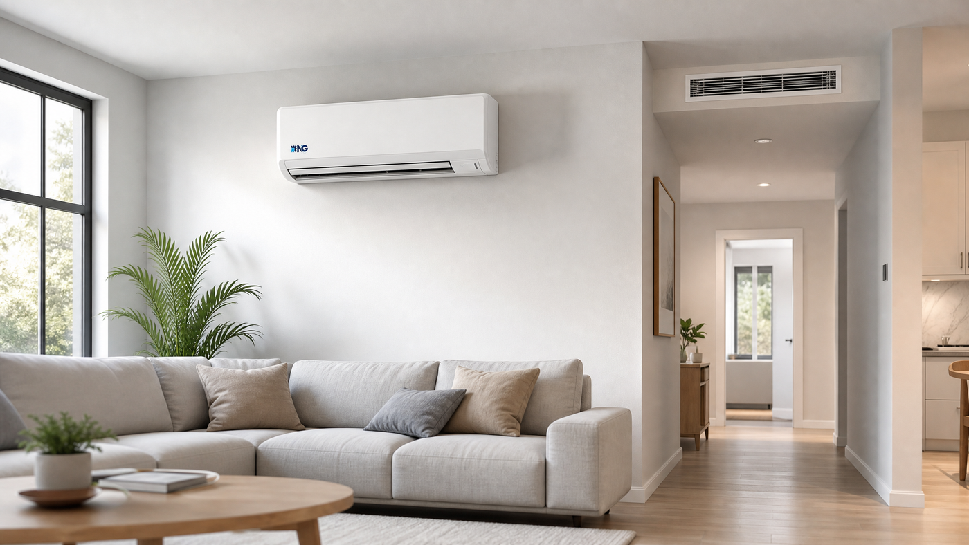 Living room with an NG wall-mounted mini split and a ducted ceiling vent in the hallway