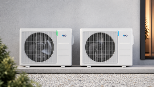 Two NG mini split condensers side by side, one marked for R-32 and one for R-454B