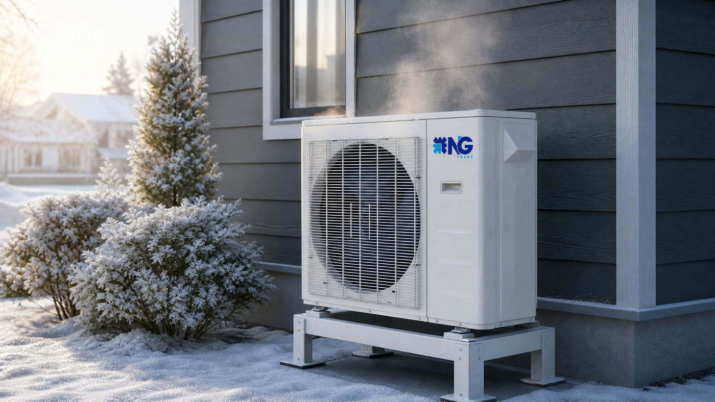 NG Trade heat pump condenser on a raised stand beside a house in light snow