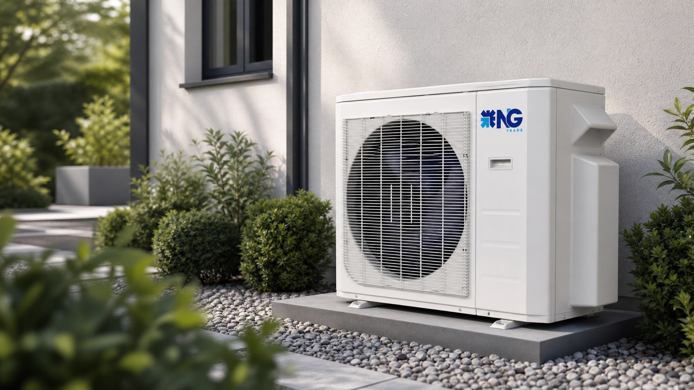 NG Trade outdoor condenser on an equipment pad beside a stucco wall