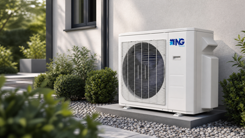 NG Trade outdoor condenser on an equipment pad beside a stucco wall