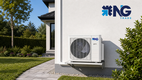 Line set cover running down an exterior wall to an NG Trade condenser on a wall bracket